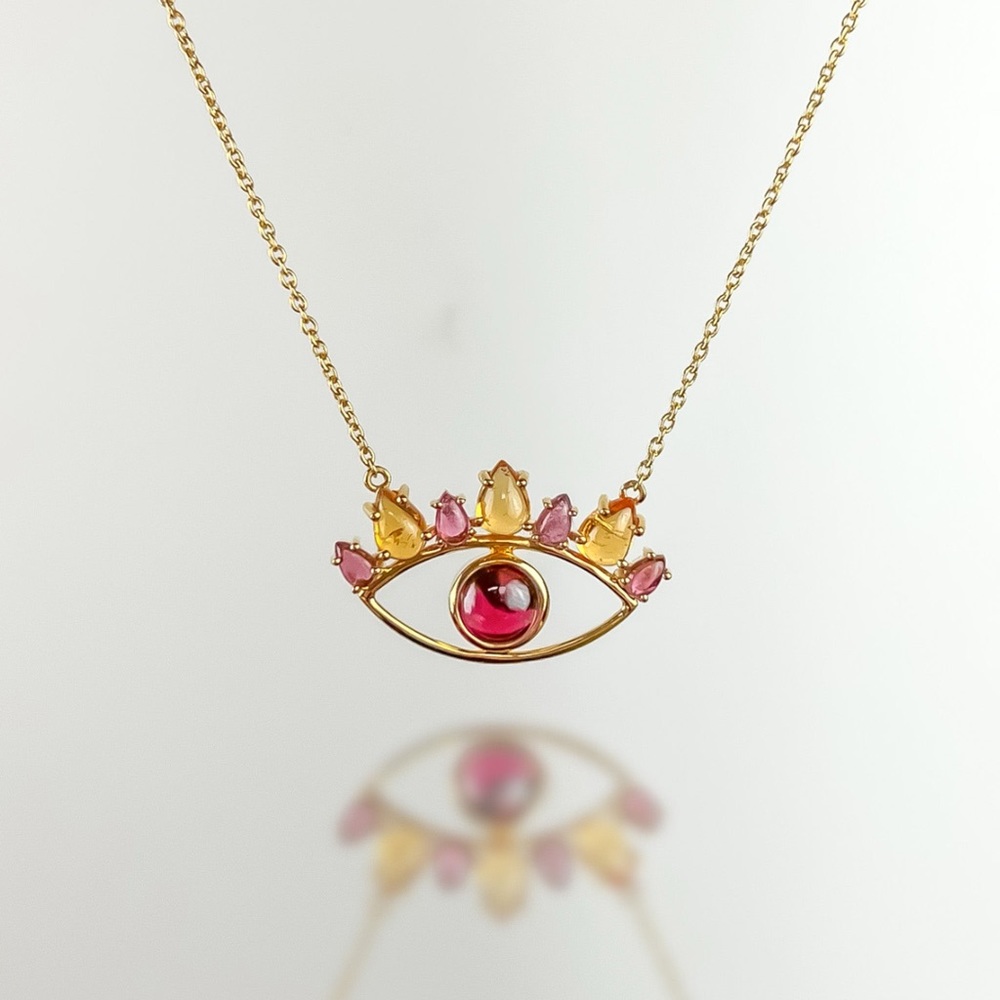 Garnet, Pink Tourmaline, Spessartite 14k Gold Vermeil Evil Eye Necklace
